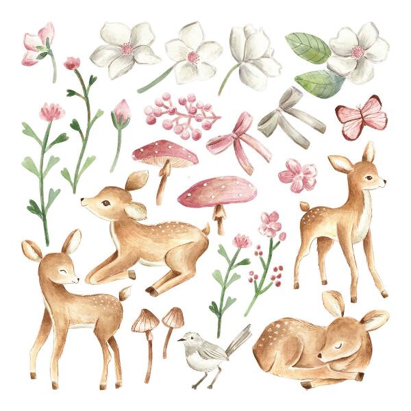 Wall sticker 80x118 Forest animals in pastel watercolor with deer patterns