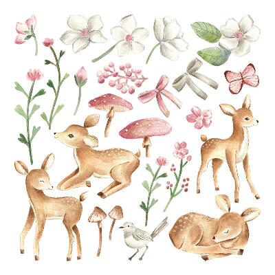 Wall sticker 80x118 Forest animals in pastel watercolor with deer patterns