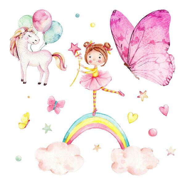 Wall sticker 80x105 Pastel unicorn with balloons on a rainbow