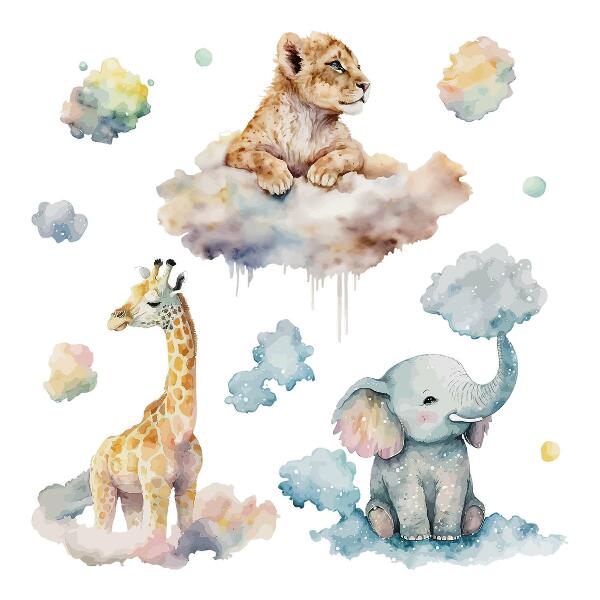 Wall sticker 80x127 Safari with painted wild animals in the clouds