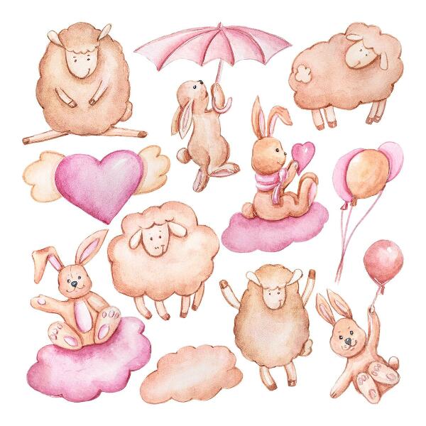 Wall sticker 80x128 Pastel clouds with sheep and rabbits