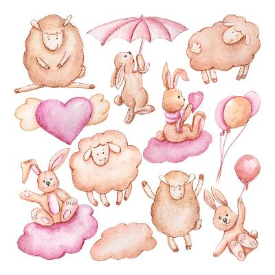 Wall sticker 80x128 Pastel clouds with sheep and rabbits