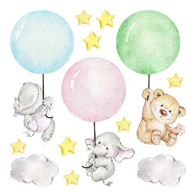 Wall sticker 80x113 Little animals with balloons in pastel colors
