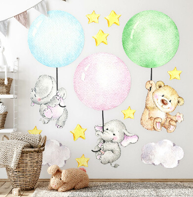 Wall sticker 80x113 Little animals with balloons in pastel colors
