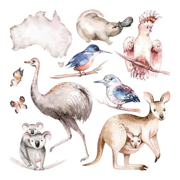 Wall sticker 80x101 Australian fauna in delicate pastels