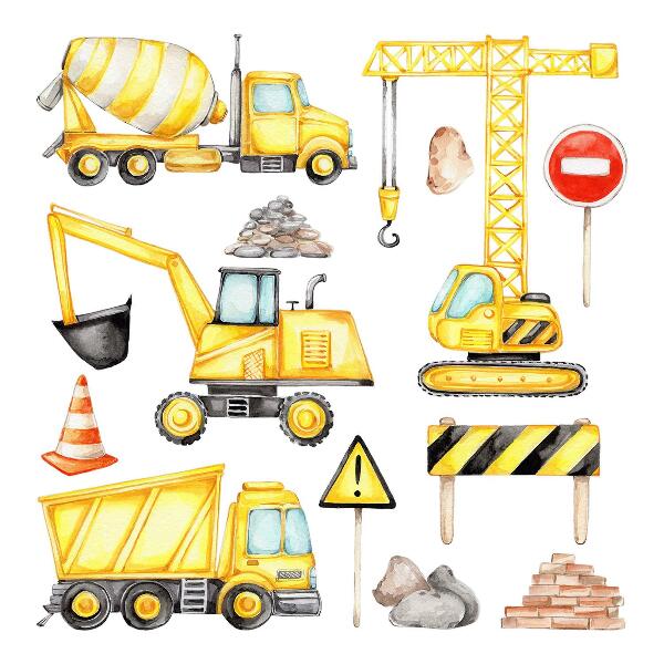 Wall sticker 80x108 Construction - machines and vehicles in watercolor