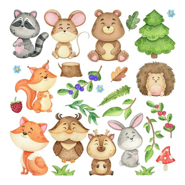 Wall sticker 80x86 Forest animals and plants in a watercolor style