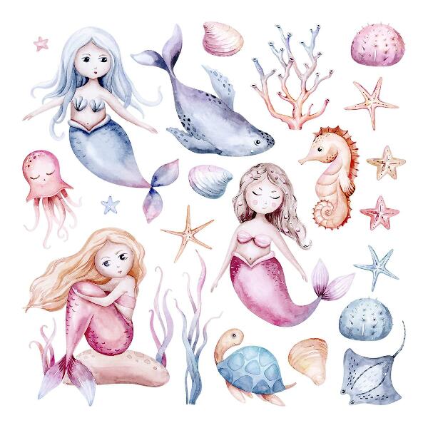 Wall sticker 80x101 An underwater land of pastel mermaids and fauna