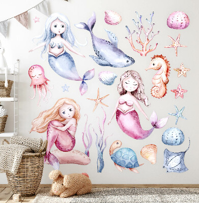 Wall sticker 80x101 An underwater land of pastel mermaids and fauna