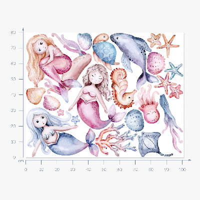 Wall sticker 80x101 An underwater land of pastel mermaids and fauna
