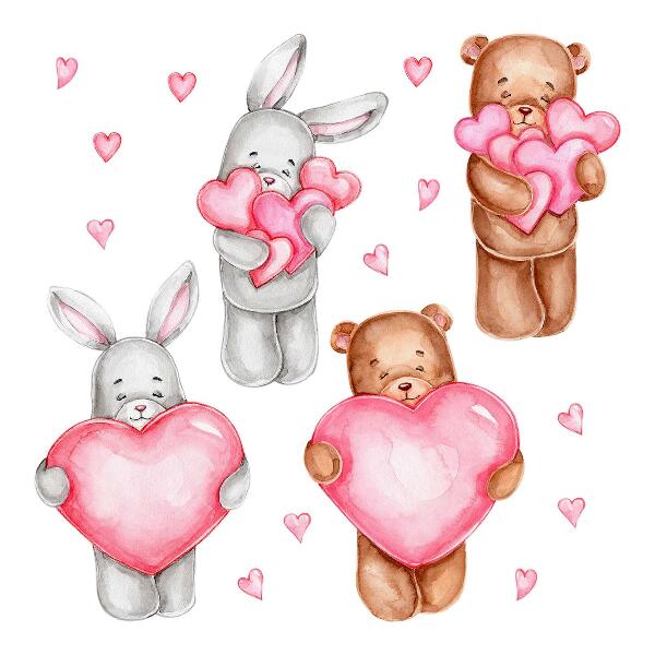 Wall sticker 80x134 Pastel watercolor with bowls and rabbits in hearts