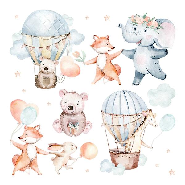 Wall sticker 80x140 Pastel creatures with balloons in watercolor clouds