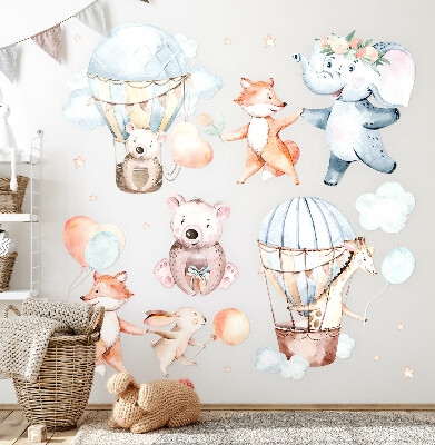 Wall sticker 80x140 Pastel creatures with balloons in watercolor clouds