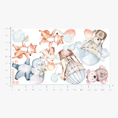 Wall sticker 80x140 Pastel creatures with balloons in watercolor clouds