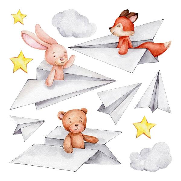 Wall sticker 80x136 Cute animals in paper airplanes