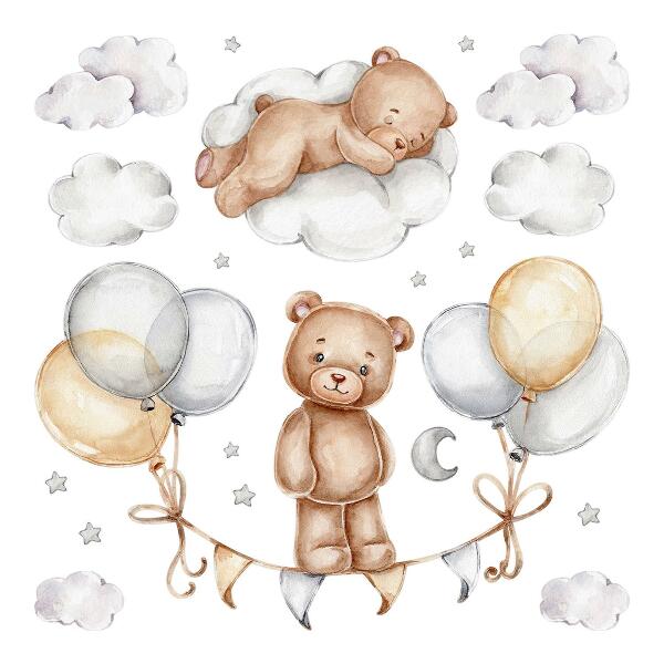 Wall sticker 80x106 Teddy bears in pastel balloons and clouds