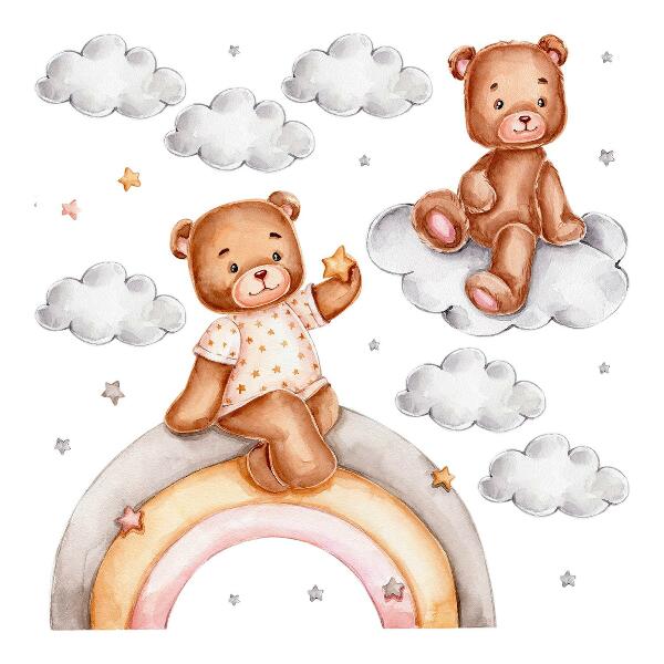 Wall sticker 80x106 Cute teddy bears on a rainbow in pastel watercolor