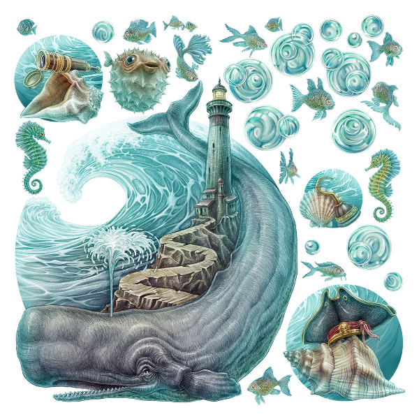 Wall sticker 80x92 An underwater fairy tale of a lighthouse in pastels