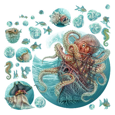 Wall sticker 80x93 A fairy-tale sea world of octopuses and ships