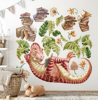 Wall sticker 80x119 Red dinosaur with drawings and flowers