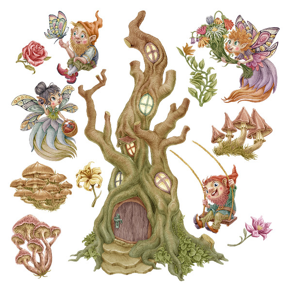 Wall sticker 80x83 Forest creatures and a pastel treehouse