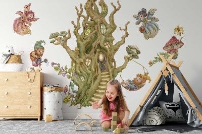 Wall sticker 80x83 Forest creatures and a pastel treehouse