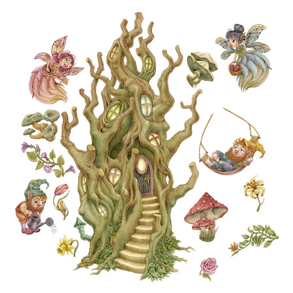 Wall sticker 80x106 Forest creatures and pastel tree houses