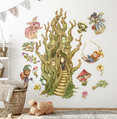 Wall sticker 80x106 Forest creatures and pastel tree houses