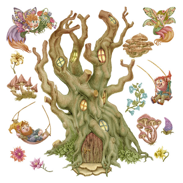 Wall sticker 80x129 Forest magic: fairies, dwarves and a pastel house