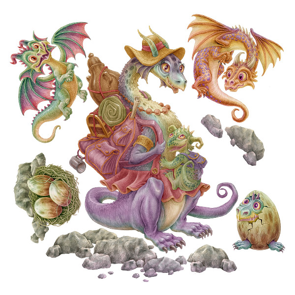 Wall sticker 80x97 A fairy-tale family of colorful dragons in pastels