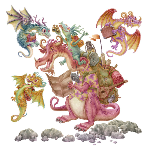 Wall sticker 80x107 Fairy tale dragons in pastel shades