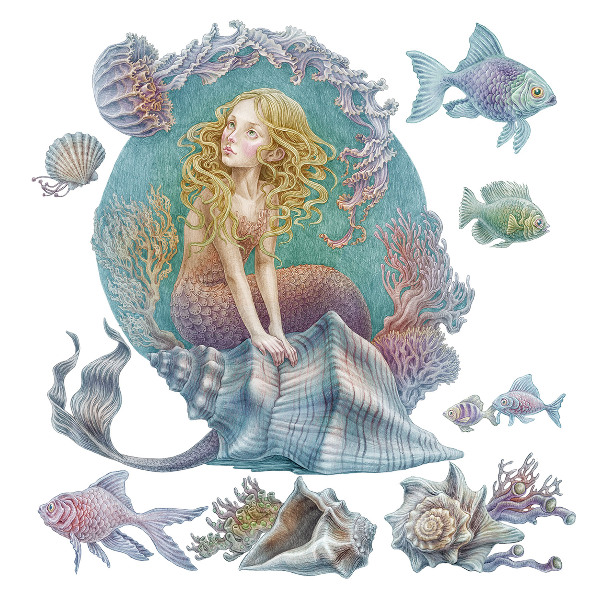 Wall sticker 80x71 Mermaid in a pastel underwater world