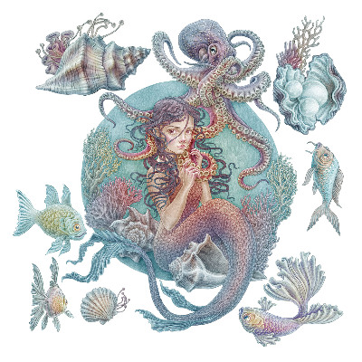 Wall sticker 80x89 Mermaid in pastel cartoon style
