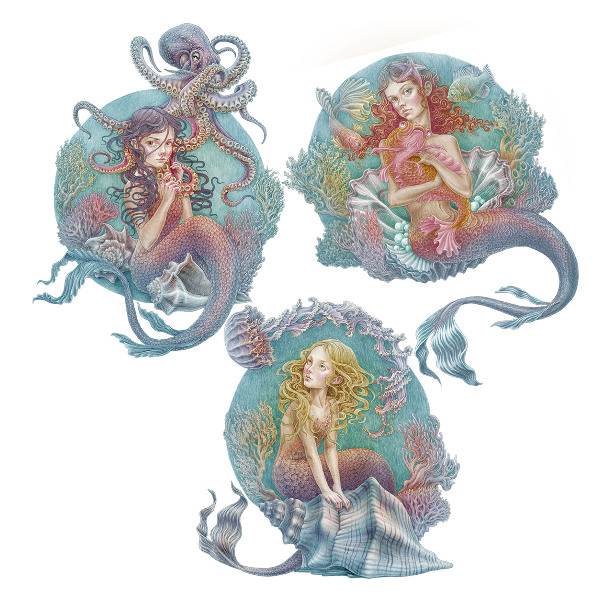 Wall sticker 80x102 Underwater fairy tales with little mermaids in pastel