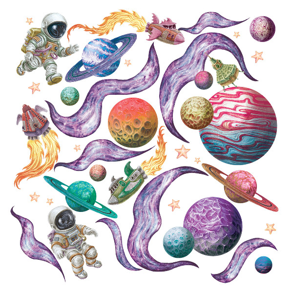 Wall sticker 80x123 Space adventures of rockets and planets in pastels
