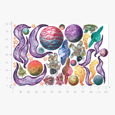 Wall sticker 80x123 Space adventures of rockets and planets in pastels