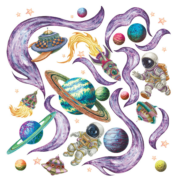 Wall sticker 80x138 Astronaut rockets against the background of planets in pastels