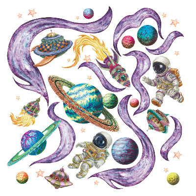 Wall sticker 80x138 Astronaut rockets against the background of planets in pastels