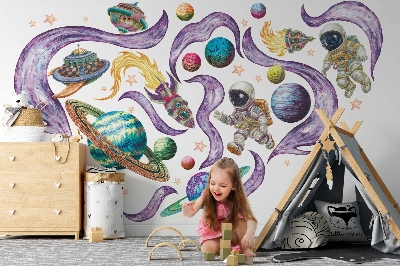 Wall sticker 80x138 Astronaut rockets against the background of planets in pastels