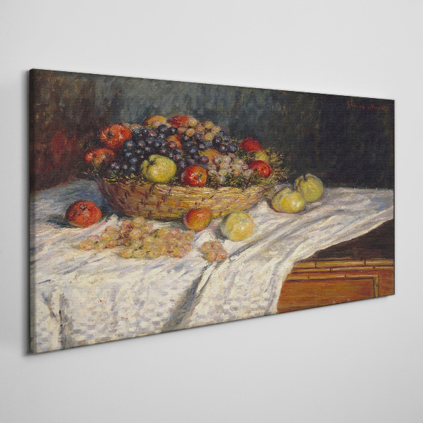 Fruit basket on a white tablecloth Print on canvas