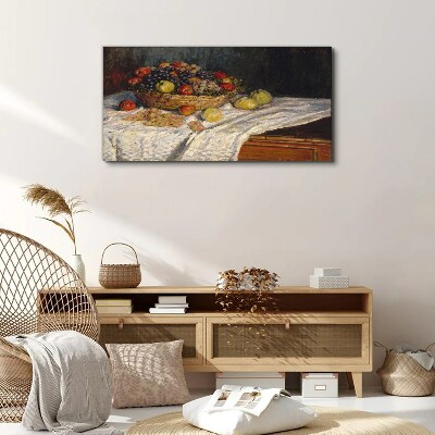 Fruit basket on a white tablecloth Print on canvas