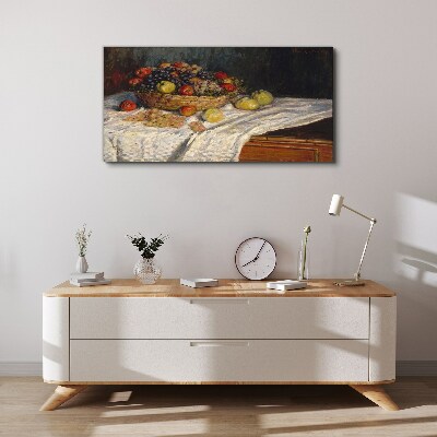 Fruit basket on a white tablecloth Print on canvas