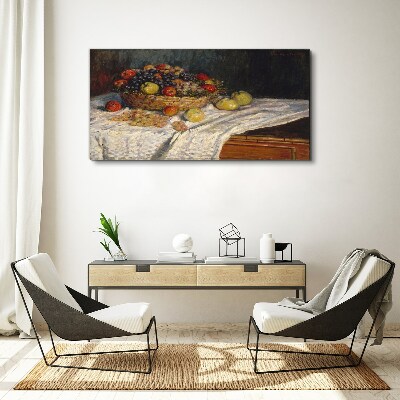 Fruit basket on a white tablecloth Print on canvas
