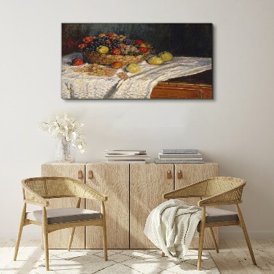 Fruit basket on a white tablecloth Print on canvas
