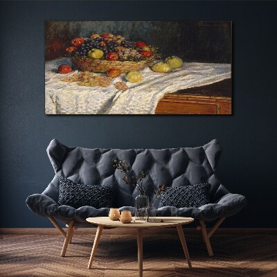 Fruit basket on a white tablecloth Print on canvas
