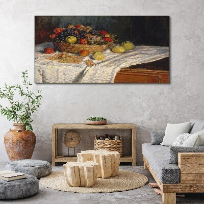 Fruit basket on a white tablecloth Print on canvas