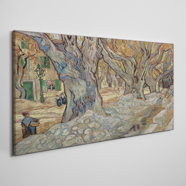 Tree-lined street in the spring sun Canvas wall art
