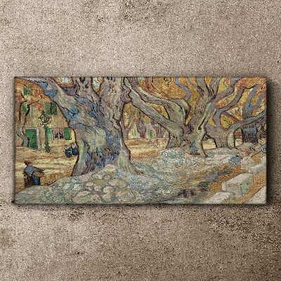 Tree-lined street in the spring sun Canvas wall art