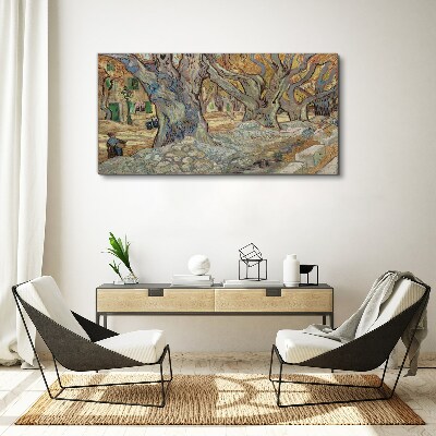 Tree-lined street in the spring sun Canvas wall art