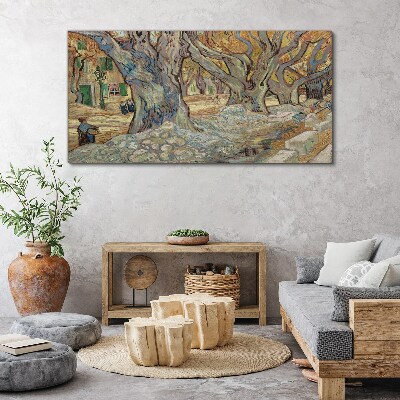 Tree-lined street in the spring sun Canvas wall art